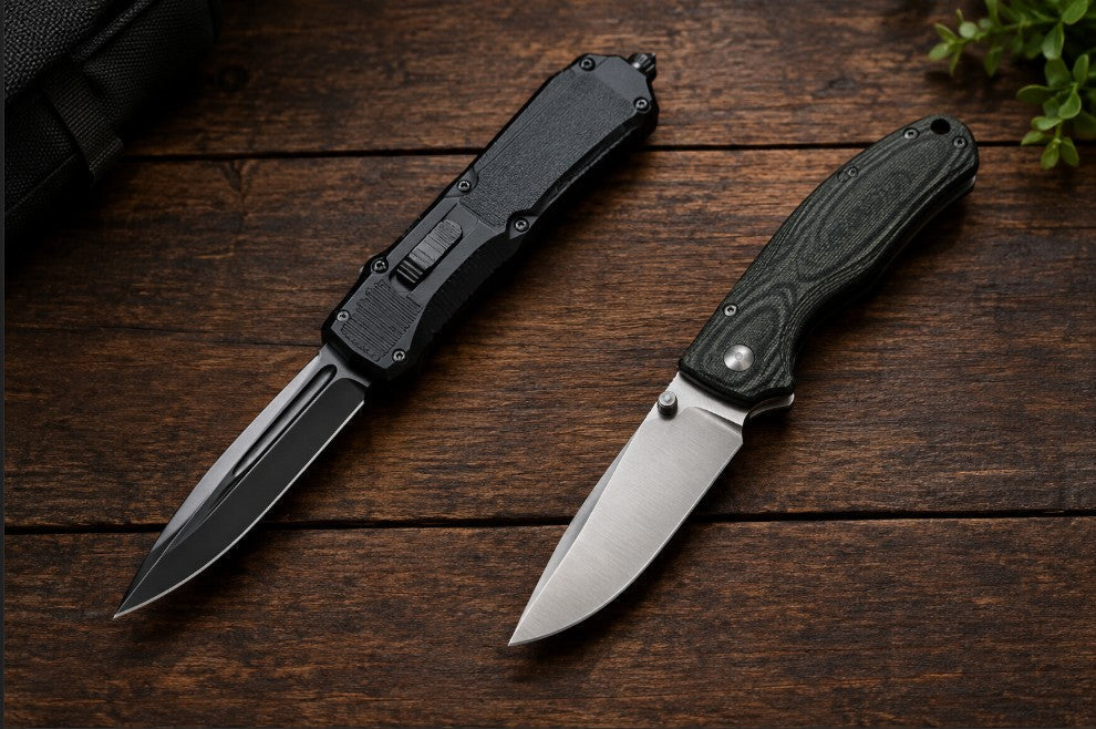Automatic knives vs folding knives side-by-side comparison on a wooden table 