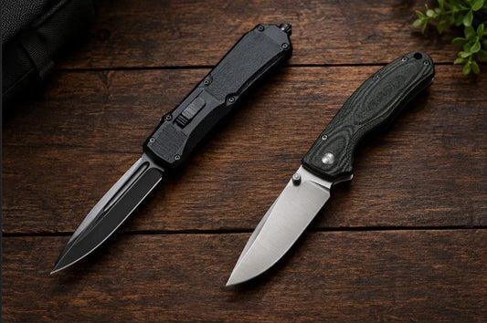 Automatic knives vs folding knives side-by-side comparison on a wooden table 