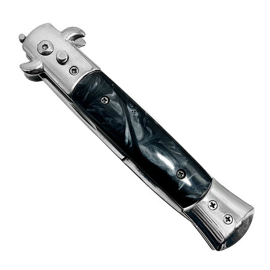 "Polished" Black Marble Silver Blade Switchblade