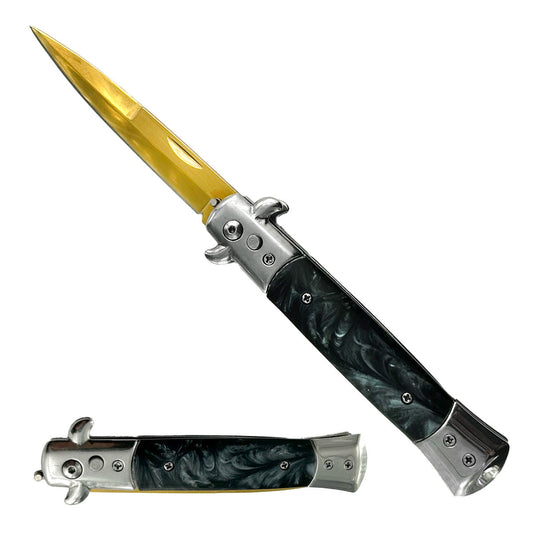 "Polished" Black Marble Gold Blade Switchblade