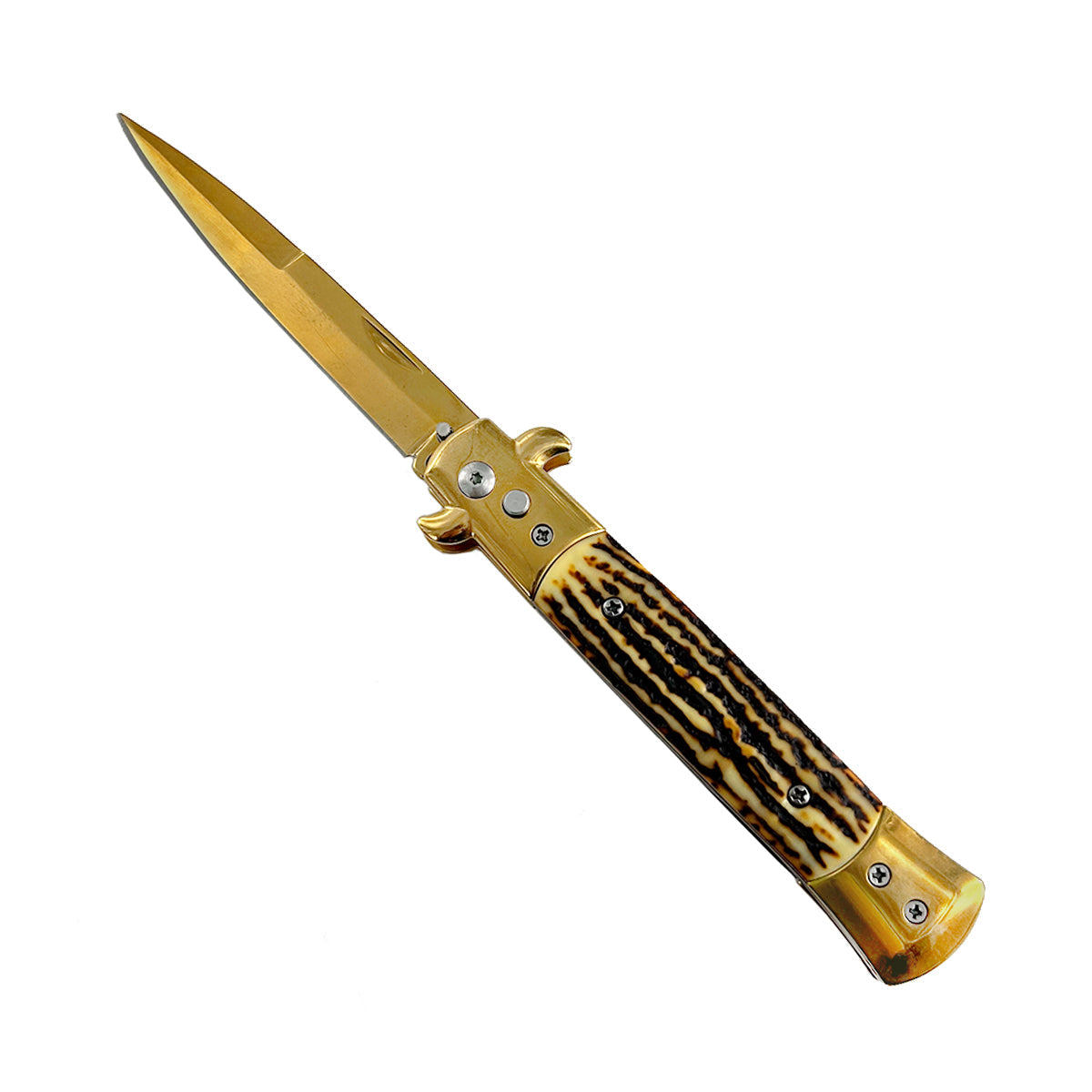 "Polished" Bone Handle Gold Blade Switchblade