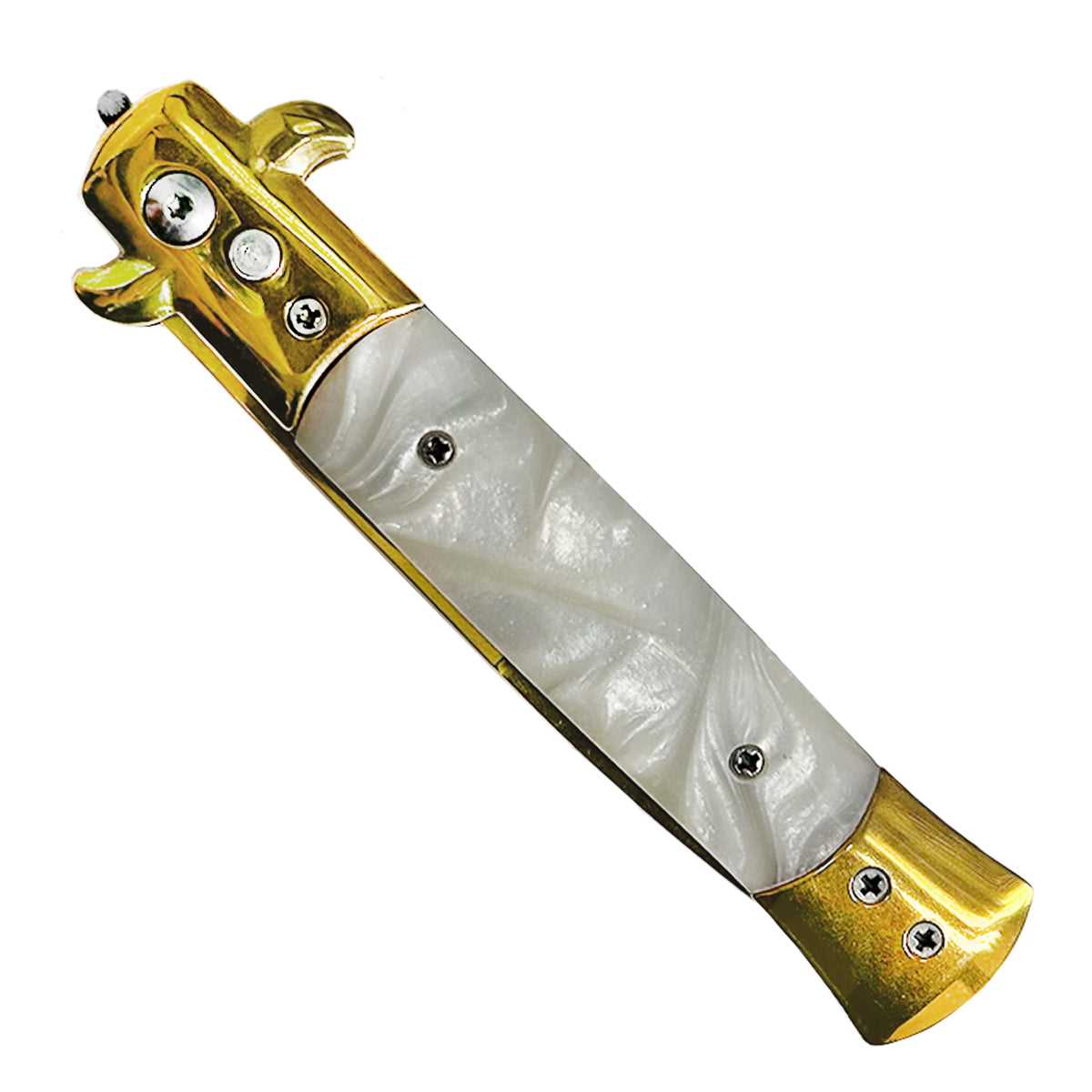 "Polished" White Marble Handle Gold Blade Switchblade