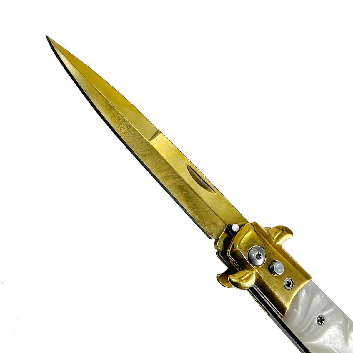 "Polished" White Marble Handle Gold Blade Switchblade