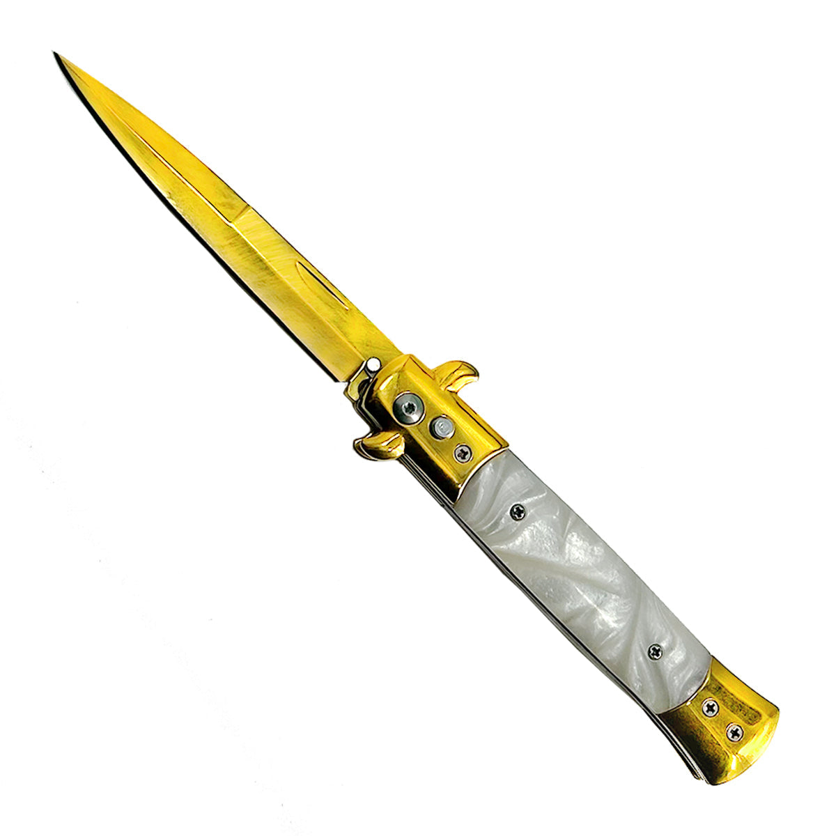 "Polished" White Marble Handle Gold Blade Switchblade