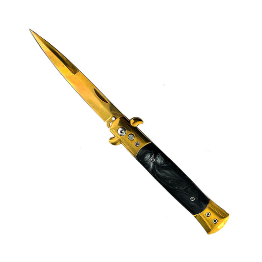 "Polished" Black Marble Handle Gold Blade Switchblade