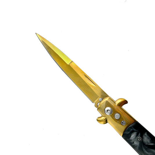 "Polished" Black Marble Handle Gold Blade Switchblade