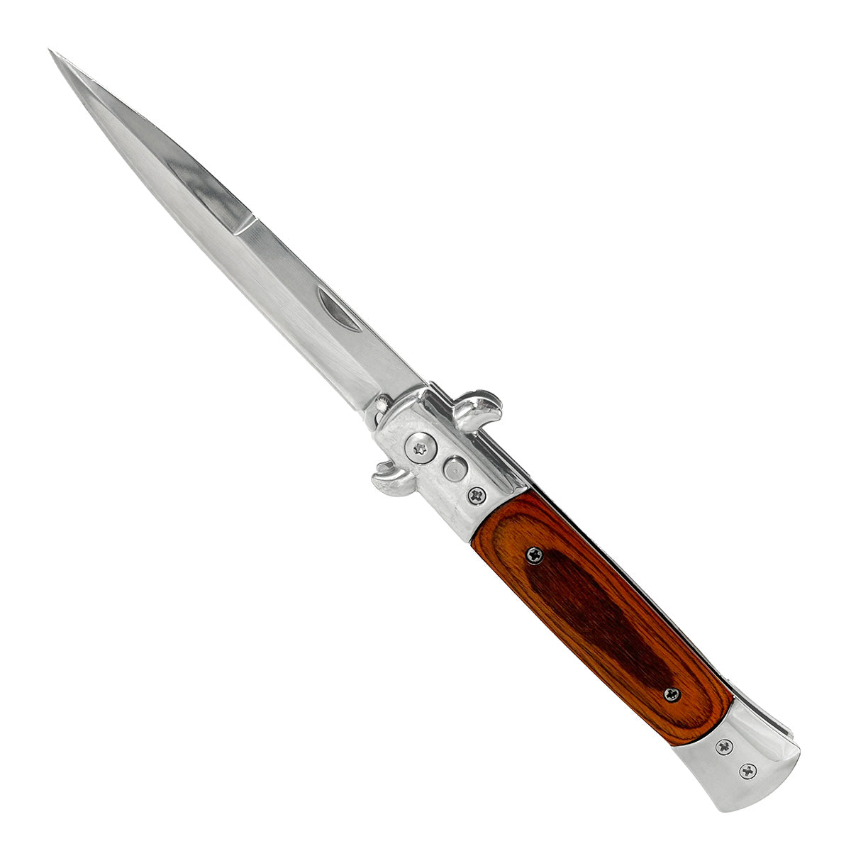 "Polished" Wood Handle Silver Blade Switchblade