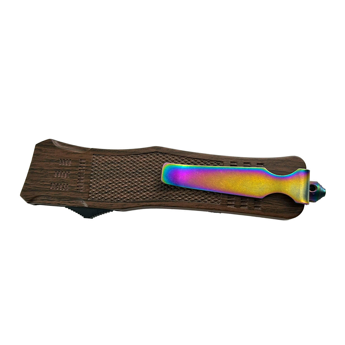 "Slick" Rainbow Damascus Wood Handle OTF Knife