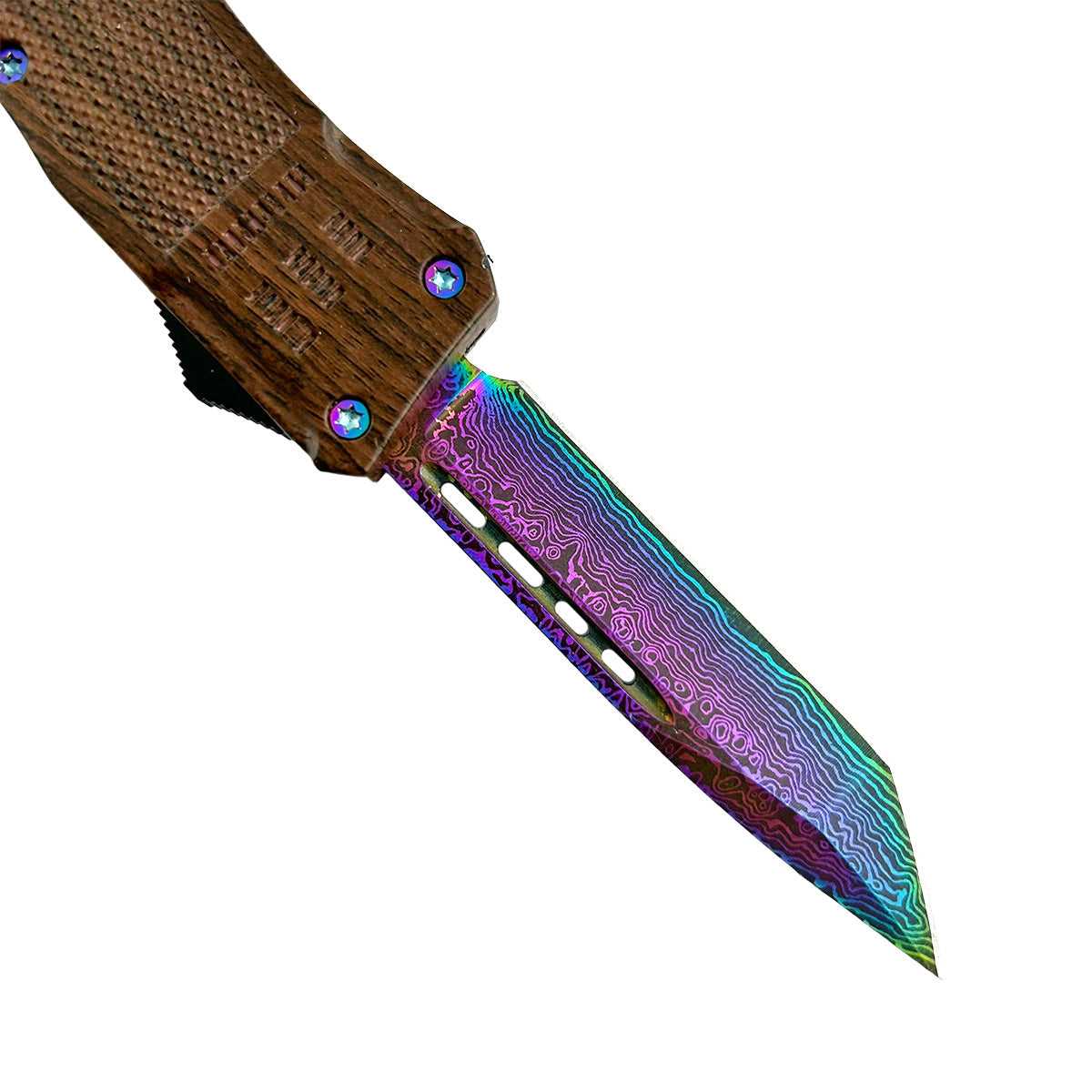 "Slick" Rainbow Damascus Wood Handle OTF Knife