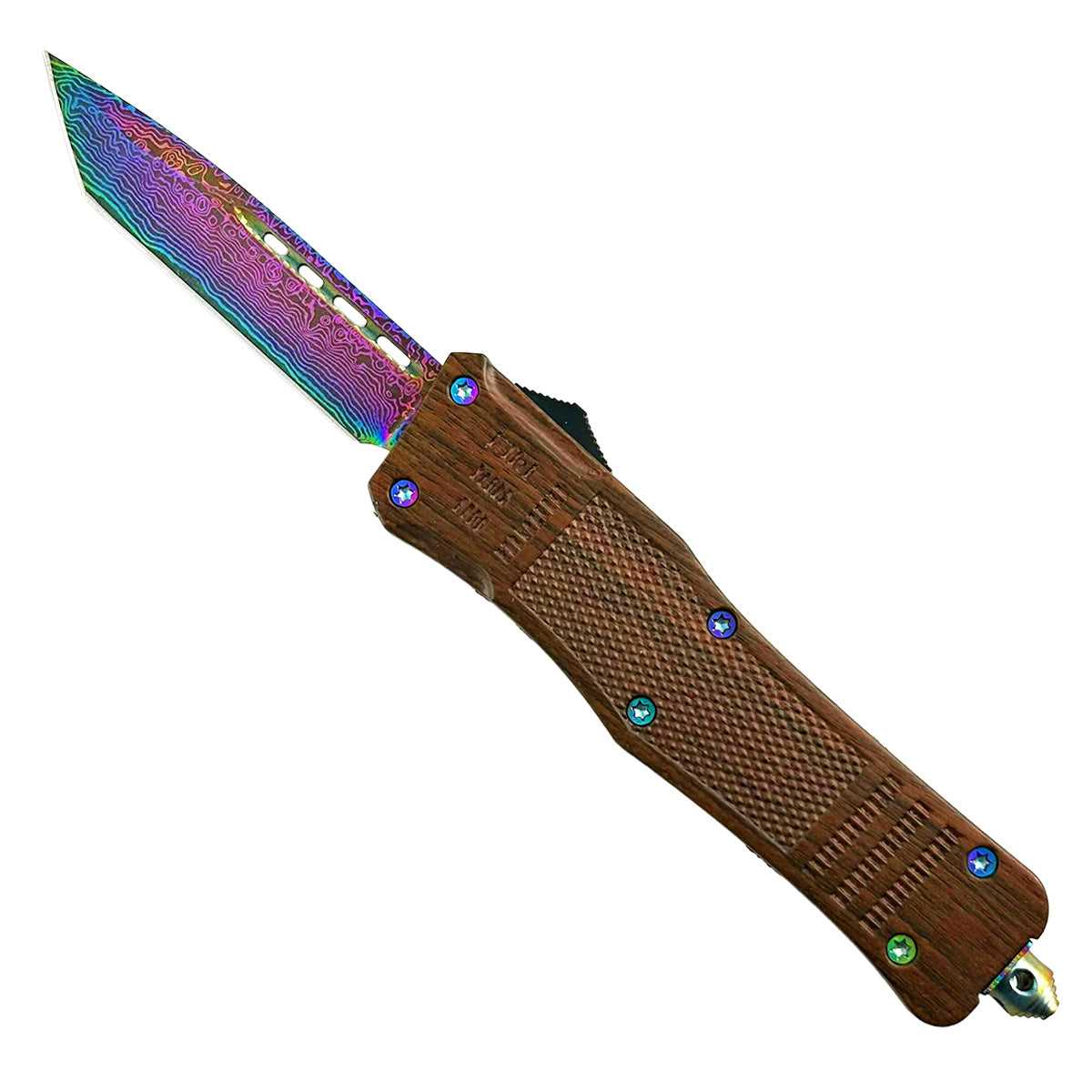 "Slick" Rainbow Damascus Wood Handle OTF Knife