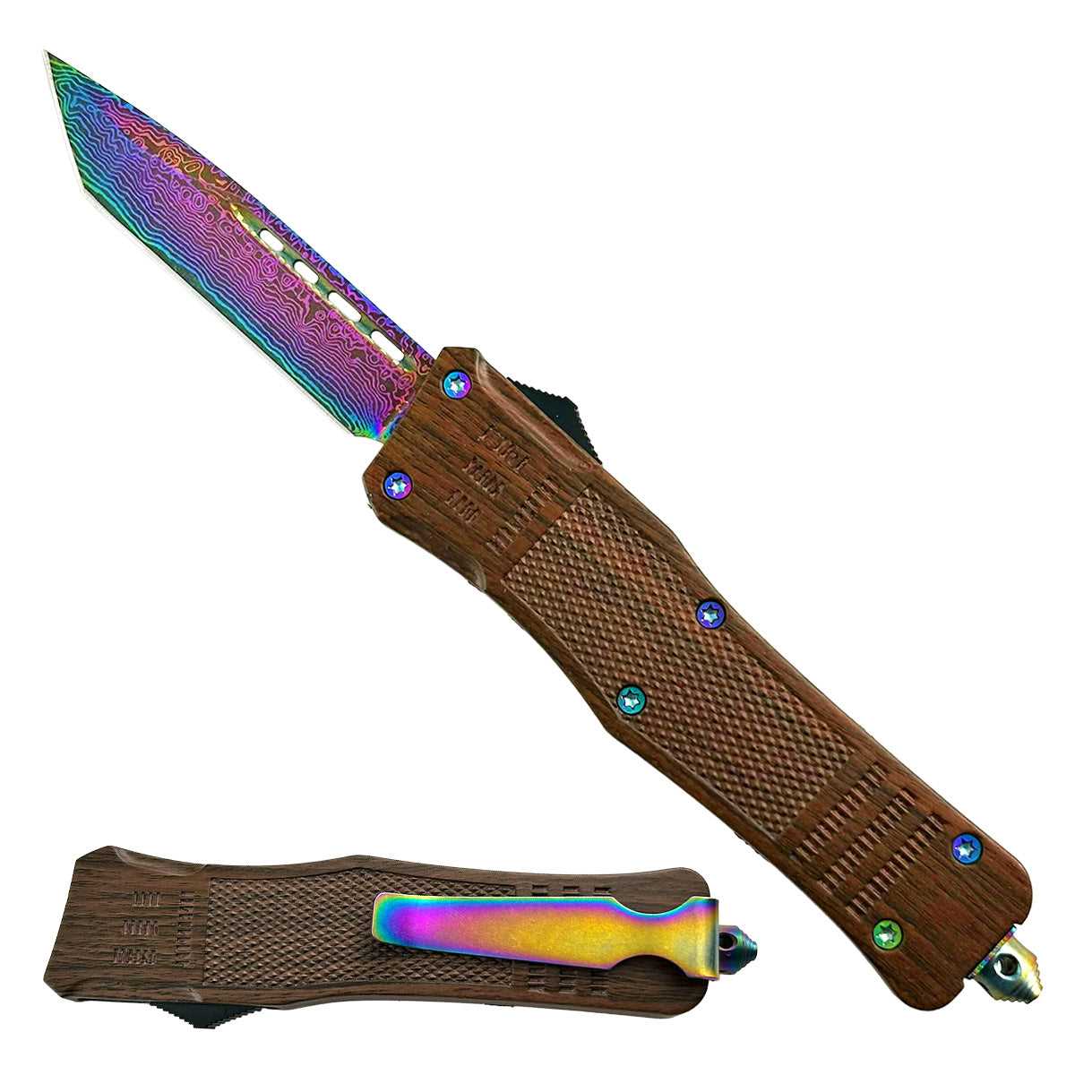 "Slick" Rainbow Damascus Wood Handle OTF Knife